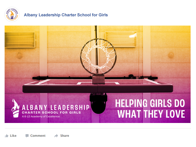 Facebook ad showing a basketball court with the caption: Helping Girls Do What They Love
