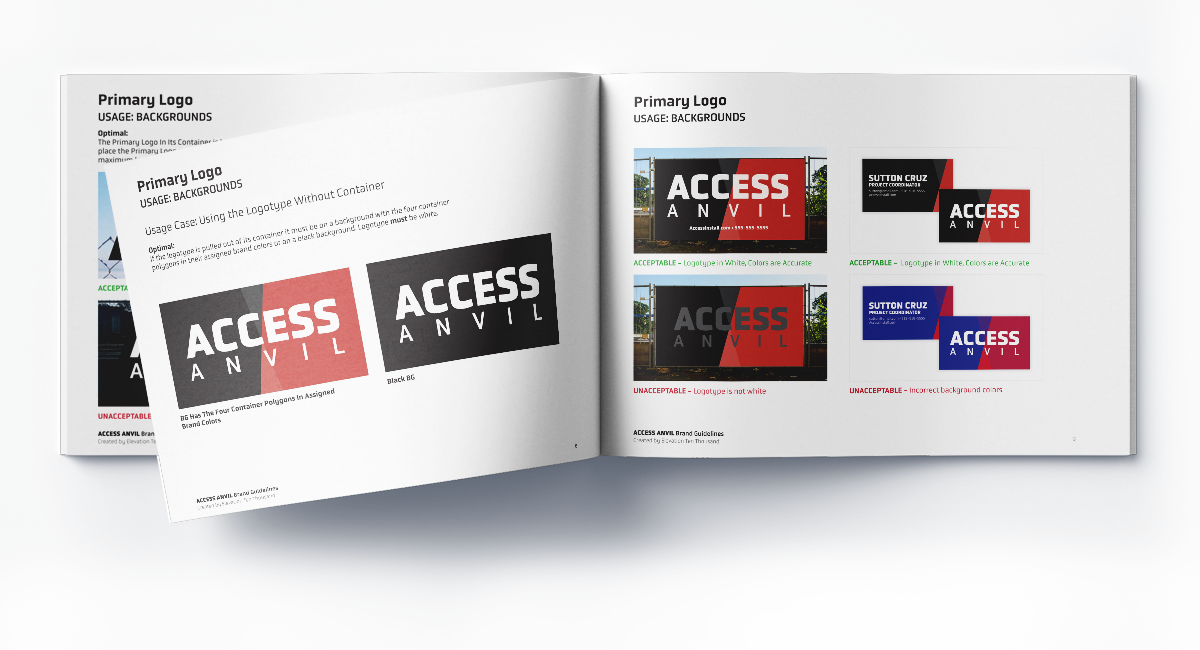 Brand Guidelines showing the different backgrounds allowed with the Access Anvil logotype